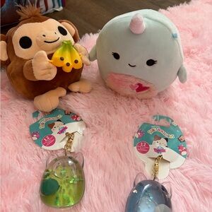 Squishmallows Plush Duo with keychains  - Mint Narwhal & Brown Monkey
